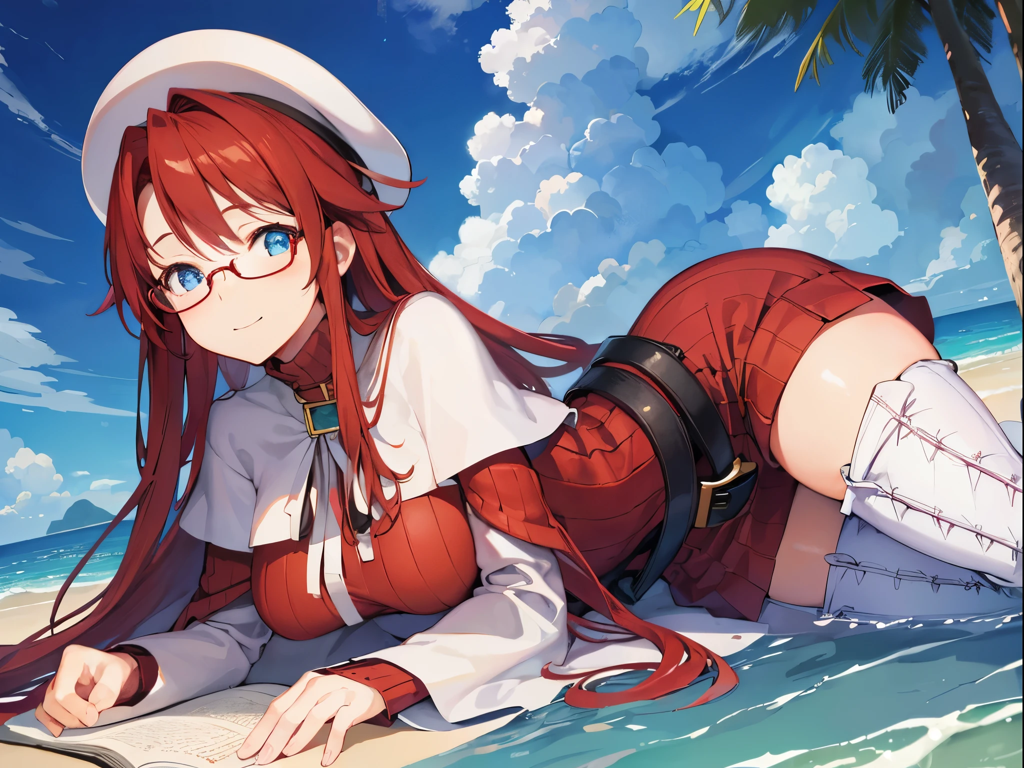 summonnightaty, aty, (young:1.3),long hair, blue eyes, red hair, big_tits, hat, glasses,
BREAK long hair, thighhighs, hat, dress, naked_legs, glasses, belt, cape, sweater, zettai ryouiki, beret, thigh boots, white footwear, ribbed sweater, loose belt,solo,
BREAK outdoors, fantasy,on_beach,
,Highquality_hads,perfect_fingers,
BREAK (masterpiece:1.2), best quality, high resolution, unity 8k wallpaper, (illustration:0.8), (beautiful detailed eyes:1.6), extremely detailed face, perfect lighting, extremely detailed CG, (perfect hands, perfect anatomy),covered_nipples,covered_navel ,half_eyes,long_sword,sleepy,red_sweater,apart_knees,magical_effect,spread_legs, have_a_book,teacher,rise_knee,Smile,rise_hand,look_down_viewer,spread_arms,sea_waves,looking_into,blue_sky,plump,open_mouth, dynamic_posing