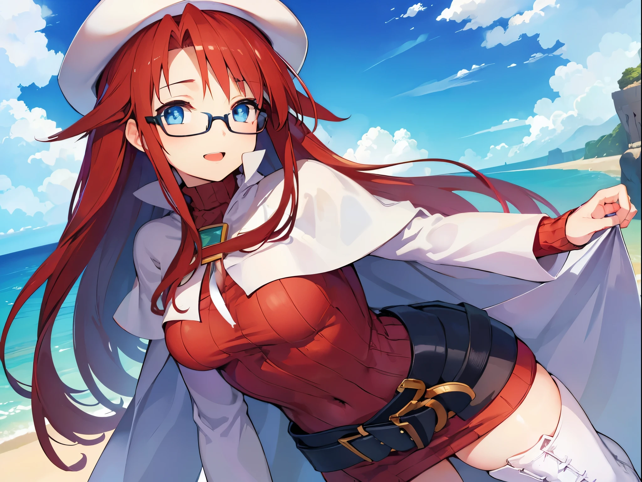 summonnightaty, aty, (young:1.3),long hair, blue eyes, red hair, big_tits, hat, glasses,
BREAK long hair, thighhighs, hat, dress, naked_legs, glasses, belt, cape, sweater, zettai ryouiki, beret, thigh boots, white footwear, ribbed sweater, loose belt,solo,
BREAK outdoors, fantasy,on_beach,
,Highquality_hads,perfect_fingers,
BREAK (masterpiece:1.2), best quality, high resolution, unity 8k wallpaper, (illustration:0.8), (beautiful detailed eyes:1.6), extremely detailed face, perfect lighting, extremely detailed CG, (perfect hands, perfect anatomy),covered_nipples,covered_navel ,half_eyes,long_sword,sleepy,red_sweater,apart_knees,magical_effect,spread_legs, have_a_book,teacher,rise_knee,Smile,rise_hand,look_down_viewer,spread_arms,sea_waves,looking_into,blue_sky,plump,open_mouth, dynamic_posing