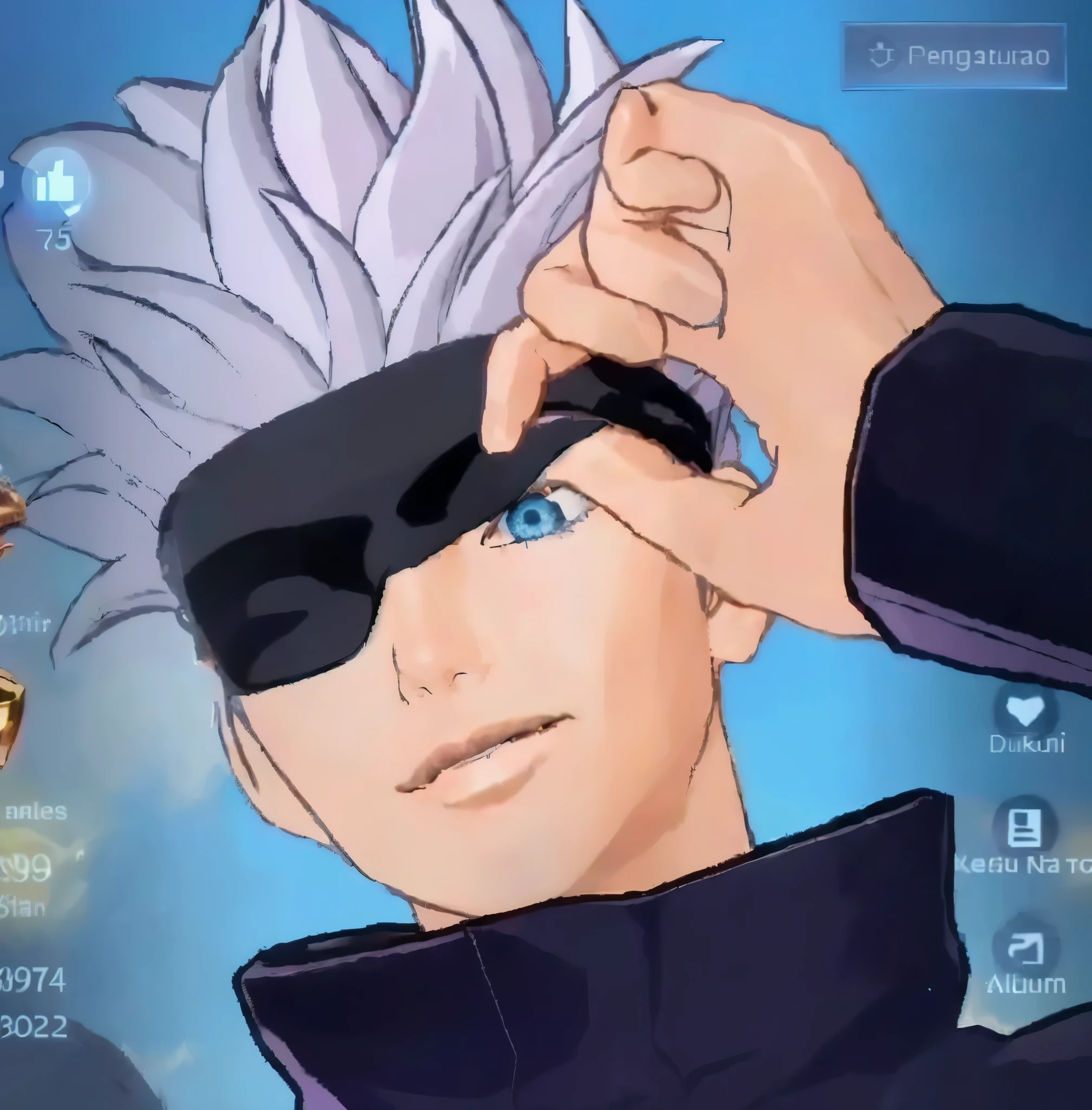  realisticwith a blindfold and a pair of sunglasses, trigger artstyle, gojo satoru, he has dark grey hairs, jujutsu kaisen cgi style, otaku gangasta, of virtua figther,, he wears an eyepatch, 2 0 2 style