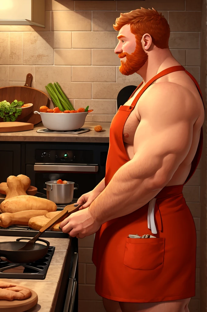 A strong chubby guy, cooking, ginger hair, chin beard, apron on, shy expression, shirtless, alone, ((side view))