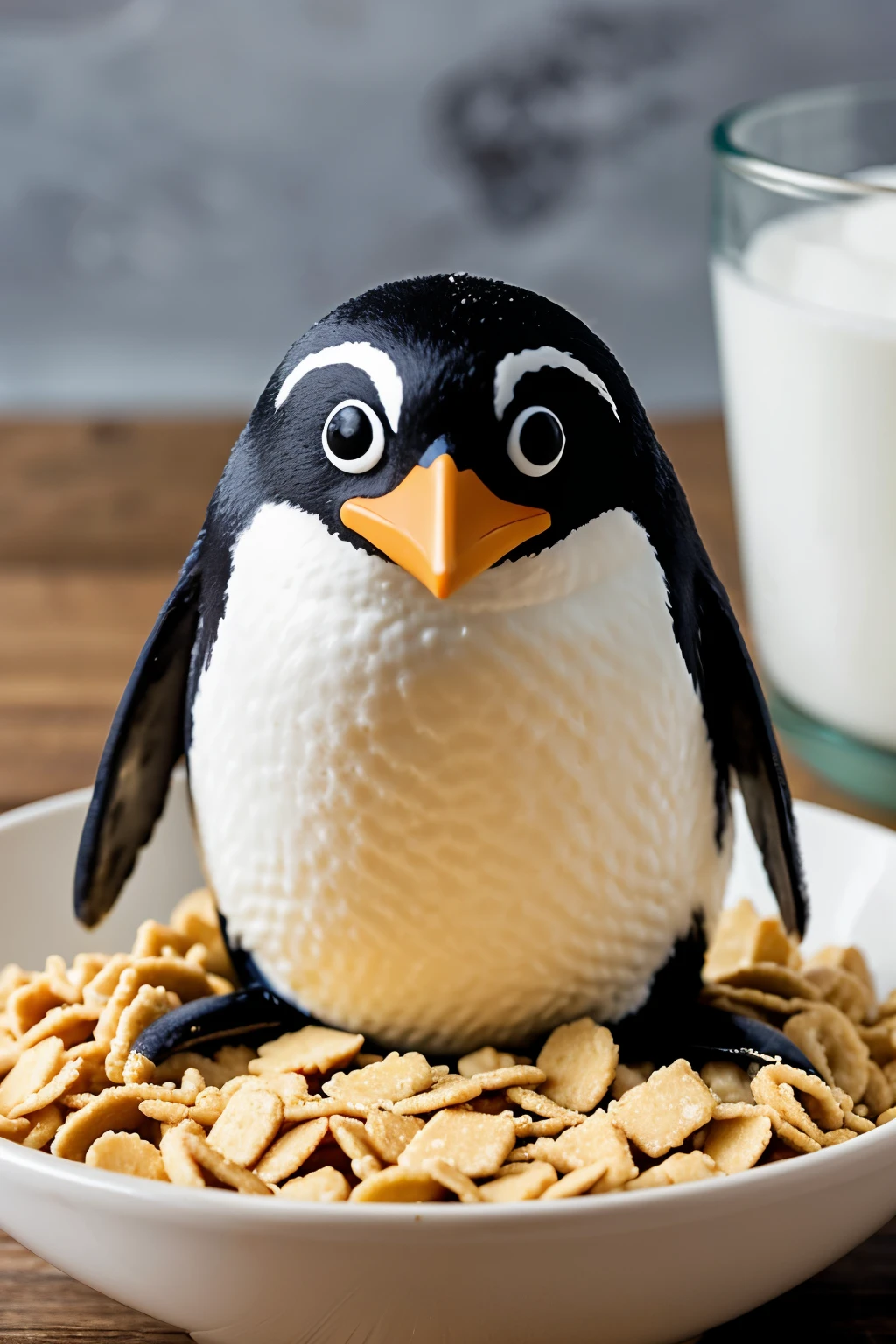((mejor calidad)), (animado), 1 penguin with a spoon on a bowl of cereal 