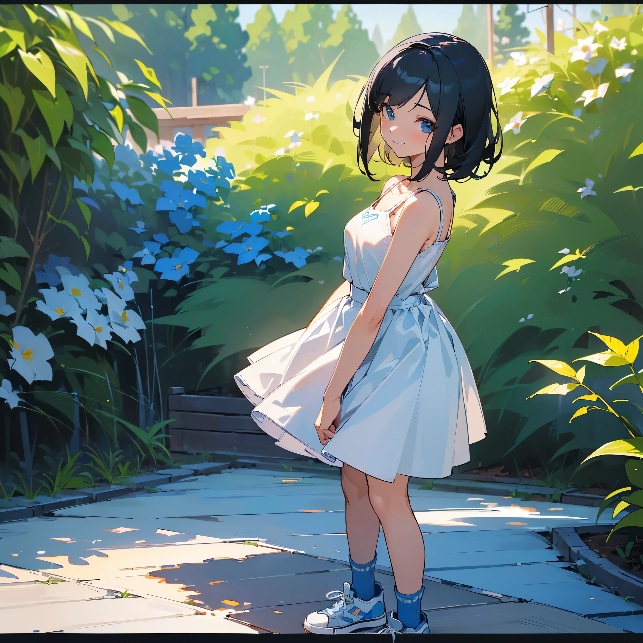 (high quality, High resolution, Very detailed, reality:1.37), Peaceful atmosphere, (Outdoor, garden), Teenage girl standing alone, (my  are big.), Beautiful details, Cute Smile, (Black bob hair), camisole, Denim skirt, Blue socks, sneakers.