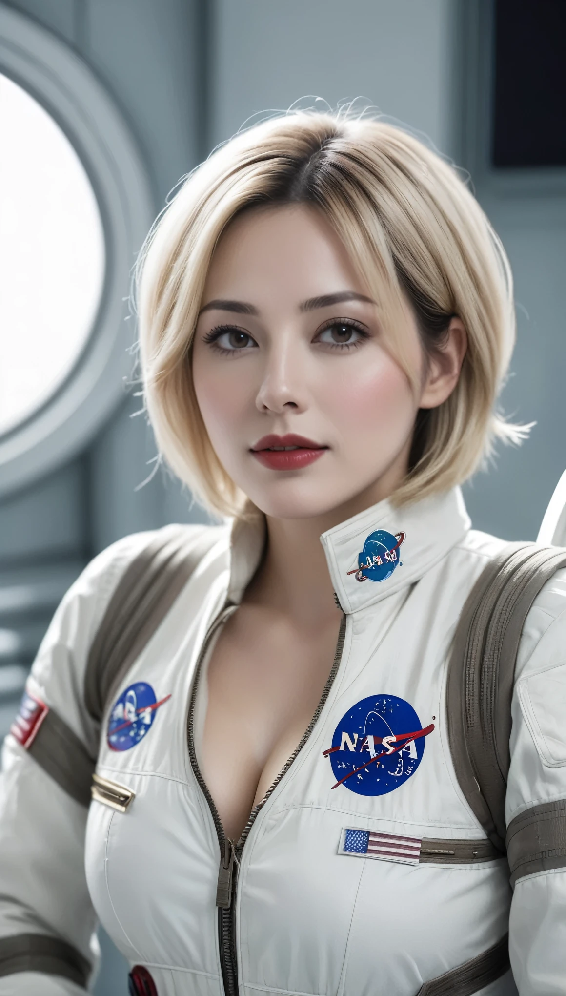 (((surreal woman)))、((Very beautiful 30 year old white woman))、(((Big big )))、(((woman astronaut)))、(((Big big cleavagert hair、blonde mature、Chubby boe、Beautiful expression、Beautiful brown eyes、Stay on a huge space station、Red lips、(((Please wear a space suit)))、(((alone)))、