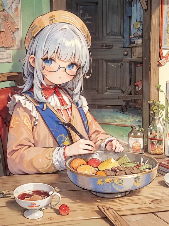8k, (Carl Larsson:1.8), 9--old l, blue eyes, Glasses, Silver Hair, Long Hair, Braid, Black maid outfit