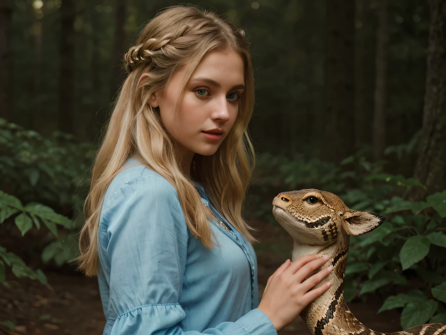a young caucasian woman kissing a snake, beautiful detailed blue eyes, curled blonde hair, gypsy dress, pacific northwest forest, photorealistic, 8k, highly detailed, intricate, digital painting, soft lighting, warm colors, cinematic composition, hyperrealistic