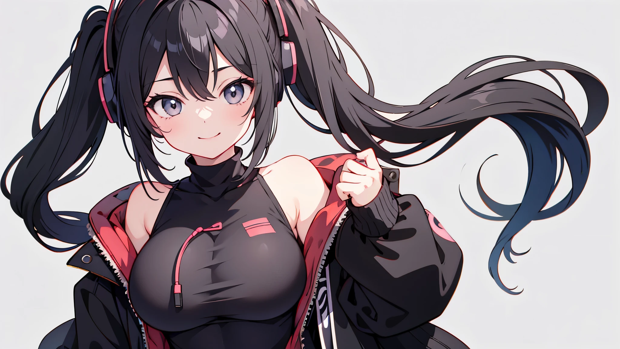 masterpiece,anime style,chibi,sexy girl,black hair,shoulder length hair with two pigtails,black jacket,with headphones,lo fi background,smiling,big breasts,listening to music,waiting on the right side of the image,