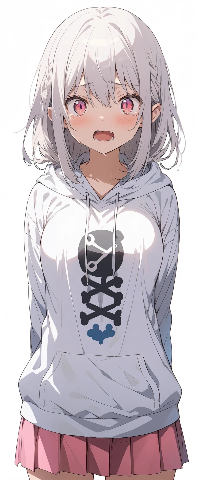 White background、white background、Blank background、Ultra-high resolution, highest quality,Solo,just standing girl, One young girl、Full body view from the front、arms behind back、fish-bone braid hair、Fishbone Hair、grayish white hair、beautiful detailed eyes、Grey hair x pink eyes、pink eyes、shedding large tears、Troubled expression、Open your mouth wide、Ample breasts、Plain white hoodie、Pink pleated skirt、barefoot