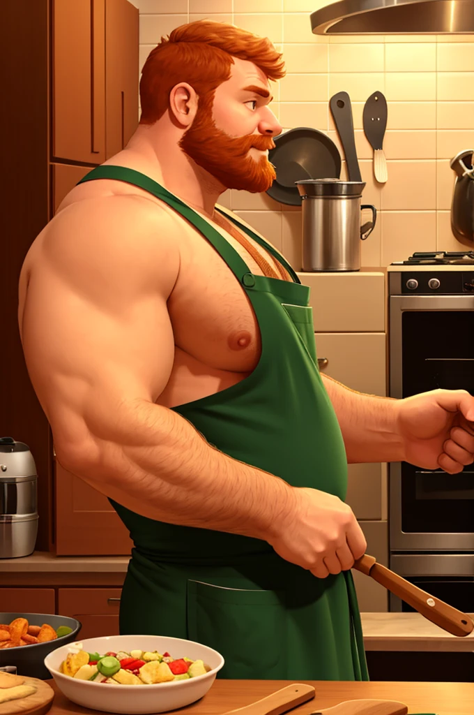 A strong chubby guy, cooking, ginger hair, chin beard, apron on, sweet expression, shirtless, alone, ((side view))