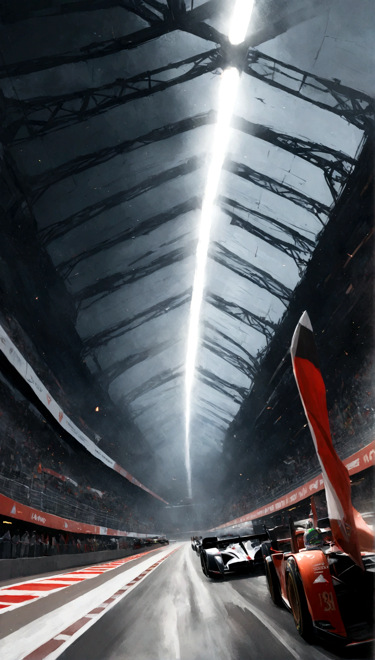 (Fast-paced F1 race,High-speed racing,Exciting race,Crowded F1 track),Bright colors,Clear focus,Extremely detailed cars,Exciting times,Ultra-detailed track(Lightning-speed turns and straights,Complex track layout),Spectacular crashes and near misses,Wheel-to-wheel battle,Adrenaline-fuelled competition,fast and Furious,Professional driver,Bent tire(masterpiece:1.2),Carbon fiber chassis,driver wearing helmet,F1 Champion Portrait,Motion Blur,Unpredictable weather conditions,Traveling in the rain and fog,Engine noise and the roar of the crowd,The stands were packed with cheering fans,Celebration on the podium,Spray champagne,Super detailed pit stop,High-tech telemetry data,Realistic rendering(Studio Lighting,Physically Based Rendering),Game overview(Trackside view,Overhead shot,Driver perspective),Racing at iconic locations (Monaco,Monza,Silverstone Circuit),The car speeds past the camera,High-resolution photos of the event,Fast-paced editing and dynamic composition,Fantastic concept art of a futuristic F1 car,Close-up of the driver's eyes,Adrenaline rushing through your veins,Long straights and sharp bends,High-octane fuel flows through the veins of your car,Easy speed,Mechanical precision,Thrilling overtaking,Exquisite aerodynamic design,Mechanic working in repair station,The victorious champion crosses the finish line.