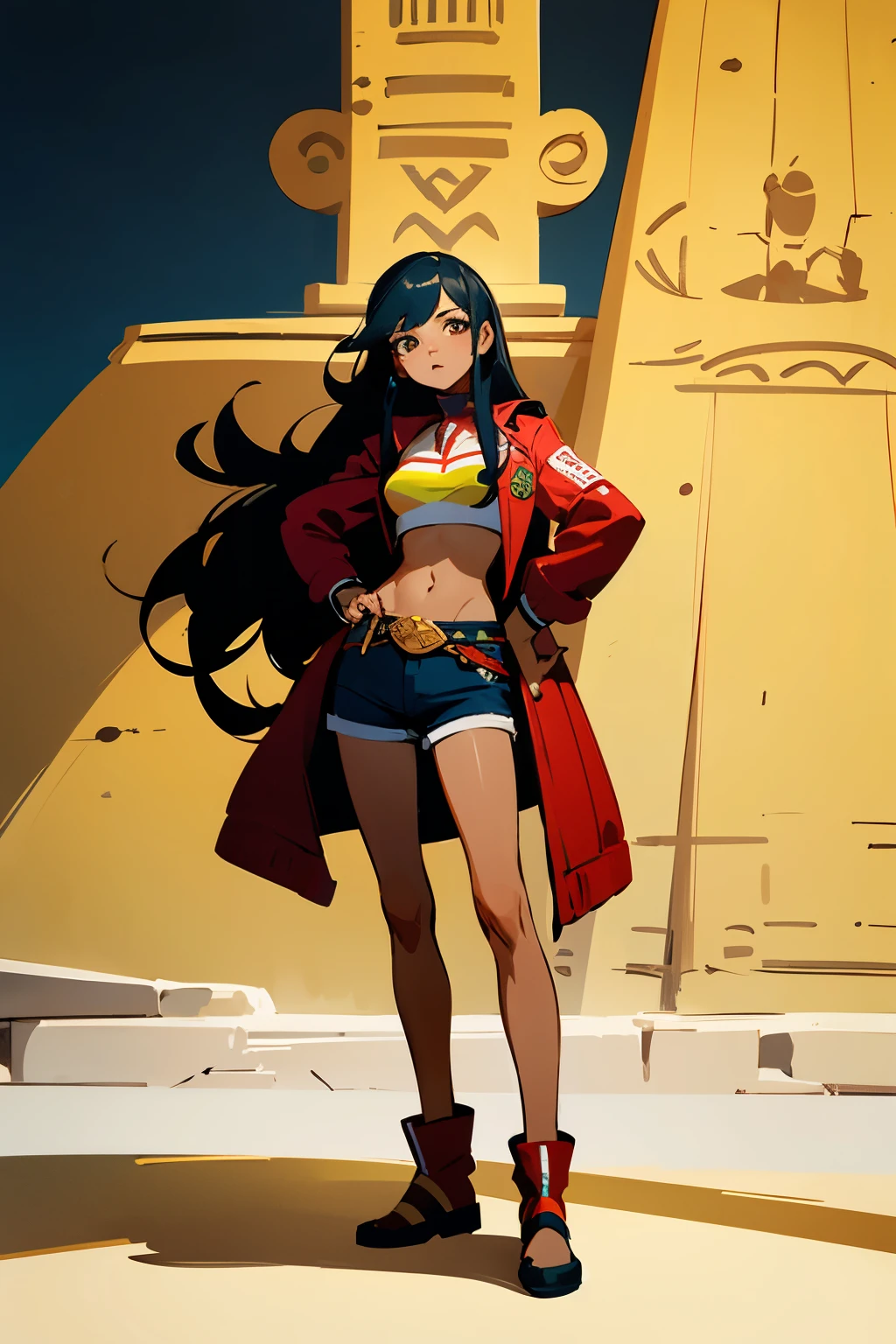 ((best quality)), ((masterpiece)), (detailed), 1girl, long black hair, brown skin tone, red jacket up to the waist, shorts lowleg, stylized with Egyptian details, full body pose