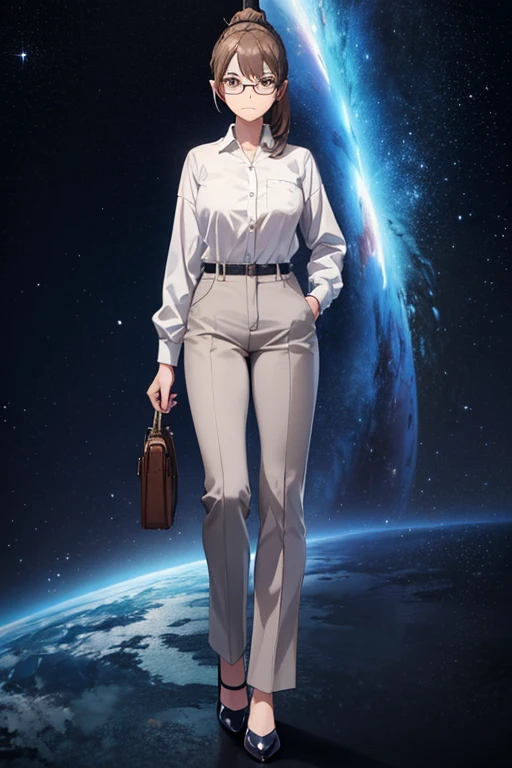 Anime drawings、Full body portrait、Space SF mechanic、A woman, standing upright, about 160cm tall, around 32 years old, wearing a white button-up shirt and grey slacks.、grumpy look、Hairstyle: short ponytail、Brown Hair、Grey Eyes、Glasses、pumps