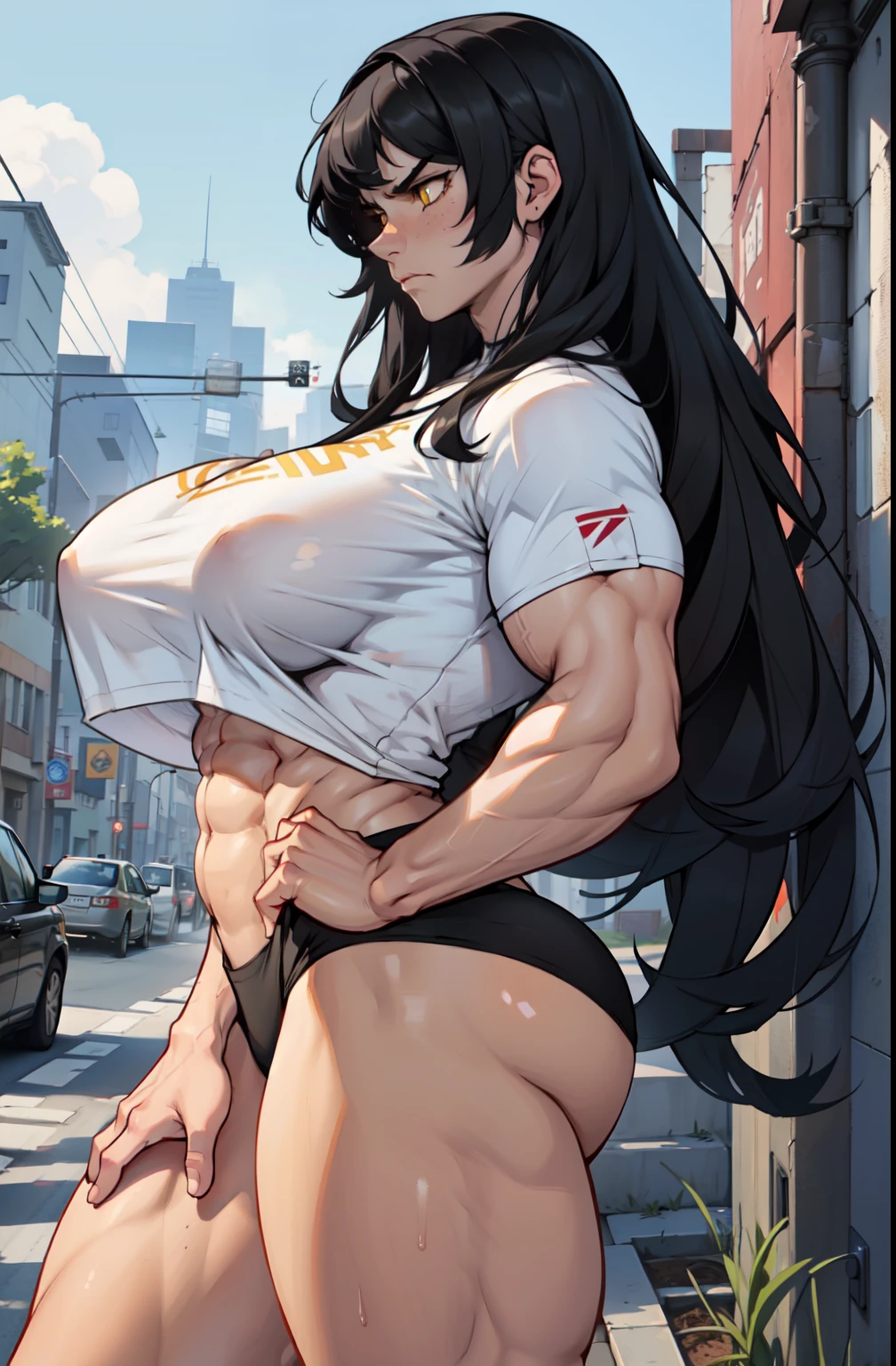 ((1 girl)), extremely long hair, solo, ((muscular)), veins, black hair, yellow eyes, blushing, pale skin, strong, veins, abs, (huge breasts), navel, standing, frowning, tight shirt disdain disapponted annoyed disgusted big ass