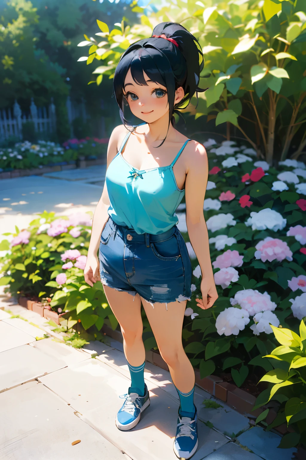 (high quality, High resolution, Very detailed, reality:1.37), Peaceful atmosphere, (Outdoor, garden),  girl standing alone, (my breasts are big.), Beautiful details, Cute Smile, (Black hair ponytail), camisole, Denim skirt, Blue socks, sneakers.