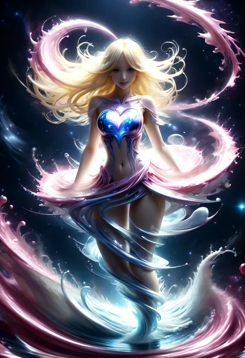 Magic girl made of colorful stars,magic,Starlight skirt,blond,water splash,hyper detailed masterpiece, Dynamic, good quality,pink love, Tempting, Tempting, enchanting, Heart PiaoDonM3l3m3nt4lXL,