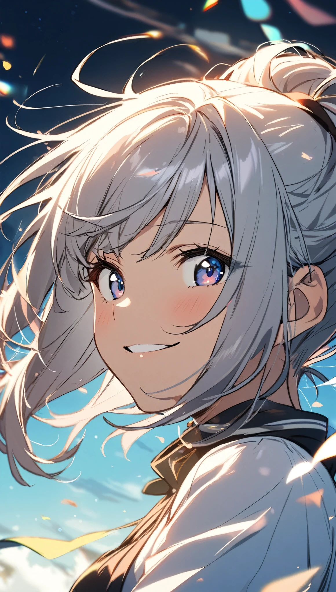 Anime girl with blue eyes and white hair looking at the sky - SeaArt AI