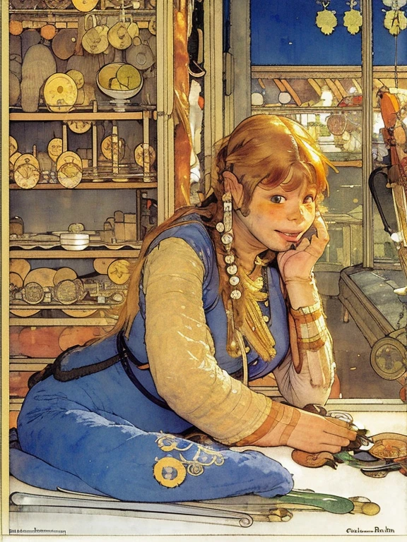 8k, (Carl Larsson:1.8), 9--old l, blue eyes, Glasses, Silver Hair, Long Hair, Braid, Black maid outfit