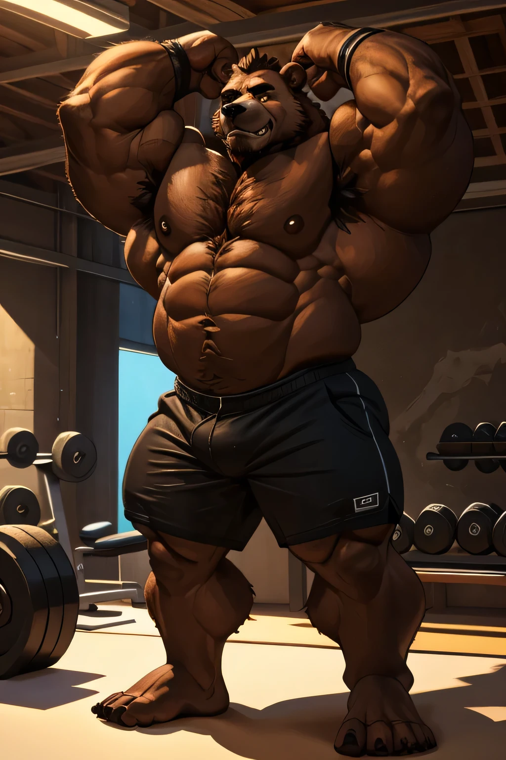 (best quality, 4k, highres, masterpiece:1.2), ultra-detailed, fury, furry art (realistic, photorealistic, photo-realistic:1.37), massive muscular, huge muscular, chubby Grizzly bear, working out, standing and working out in the gym, flexing pectoral muscle, black shorts and black wristbands, lifting weights, dumbbells, gym equipments, brown hair, thick brown fur, super thick arms, super big pectoral, super wide hairy pectoral, topless, shirtless, eyebrows, impressive brown beard, strong jawline, kind eyes, strong arms, proud posture, well-built physique, professional lighting and backdrop, intense shadows, vibrant colors, dramatic composition, gritty texture, vintage aesthetic, dynamic perspective. Add textures and details to make the image more realistic, such as the appearance of the body built muscles texture and the appearance of the brown fur