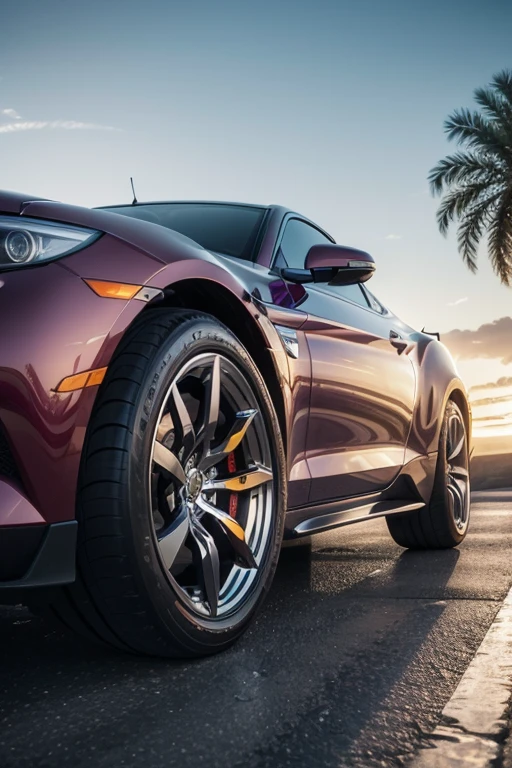 Create a vibrant and modern artwork featuring a detailed car wheel in the foreground. The wheel should be stylized with a futuristic design, highlighting its chrome details and metallic shine. In the background, include a colorful and striking landscape, such as a tropical sunset with intense hues of orange, pink, and purple, silhouetted palm trees, and a sky filled with gradients of colors. The combination should convey a sense of speed, freedom, and automotive beauty.