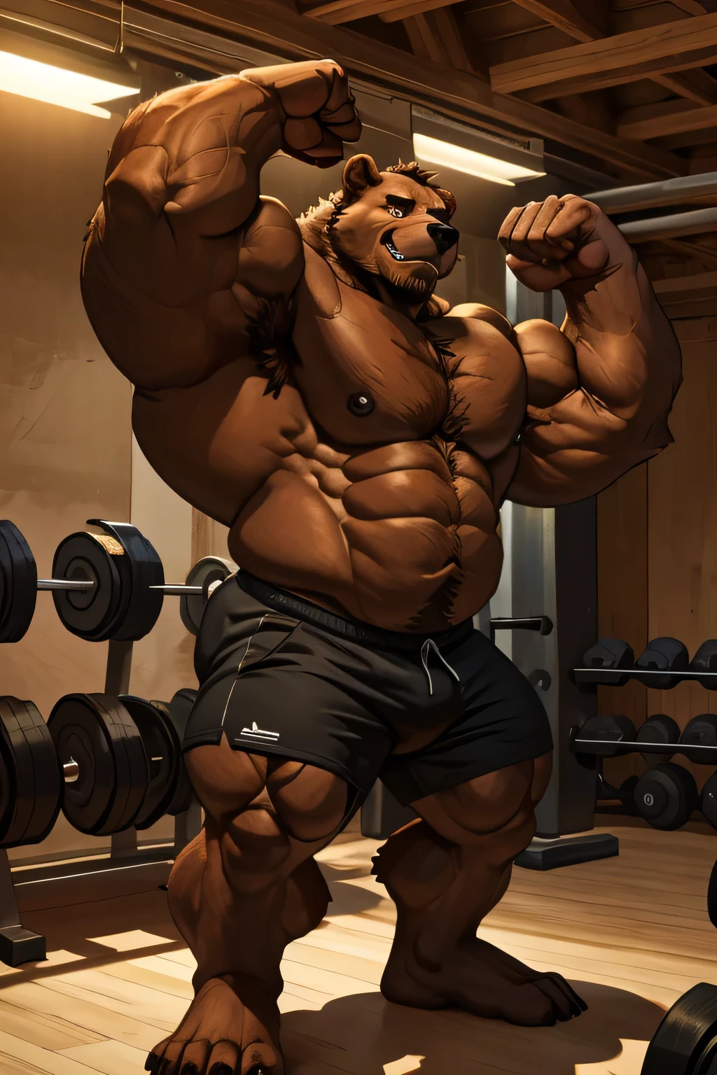 (best quality, 4k, highres, masterpiece:1.2), ultra-detailed, fury, furry art (realistic, photorealistic, photo-realistic:1.37), massive muscular, huge muscular, chubby Grizzly bear, working out, standing and working out in the gym, flexing pectoral muscle, black shorts and black wristbands, lifting weights, dumbbells, gym equipments, brown hair, thick brown fur, super thick arms, super big pectoral, super wide hairy pectoral, topless, shirtless, eyebrows, impressive brown beard, strong jawline, kind eyes, strong arms, proud posture, well-built physique, professional lighting and backdrop, intense shadows, vibrant colors, dramatic composition, gritty texture, vintage aesthetic, dynamic perspective. Add textures and details to make the image more realistic, such as the appearance of the body built muscles texture and the appearance of the brown fur