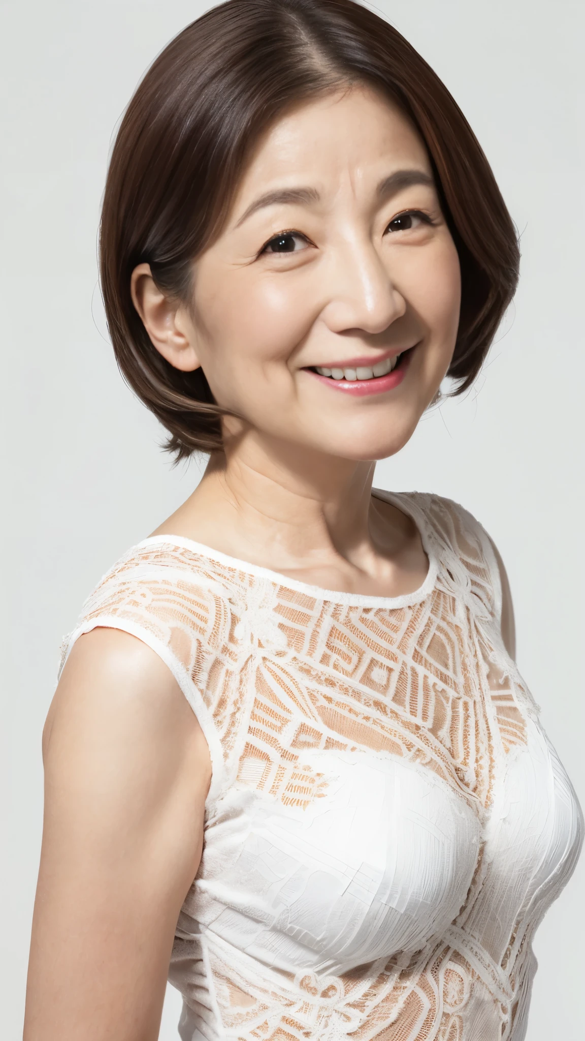 ((Grandmother)), (((Short Bob))), Late Elderly, Aged face, Perfect composition, ((Fractal Art)), (((masterpiece))), 8k, Clear images, (((alone))), (((Asian Beauty))), Pure white background, Natural Hair Color, Hands behind back, Refreshing early summer outfit, Alluring, ((Elderly)), Depict lips accurately,Red lips, Flashy makeup, (((alone))), (((Perfect Anatomy))), Depicting ears correctly, Pure white background, gravure, Upright posture, smile, ((Beautiful mature woman)), highest quality, Very detailed, Realistic, Very detailed細なスキン, (Madame), (The corners of the mouth are turned up), 120 years old, Huge breasts, Mature Politician, Glamour, sexy, Pure white skin, Natural hairstyle, Comfortable clothing,