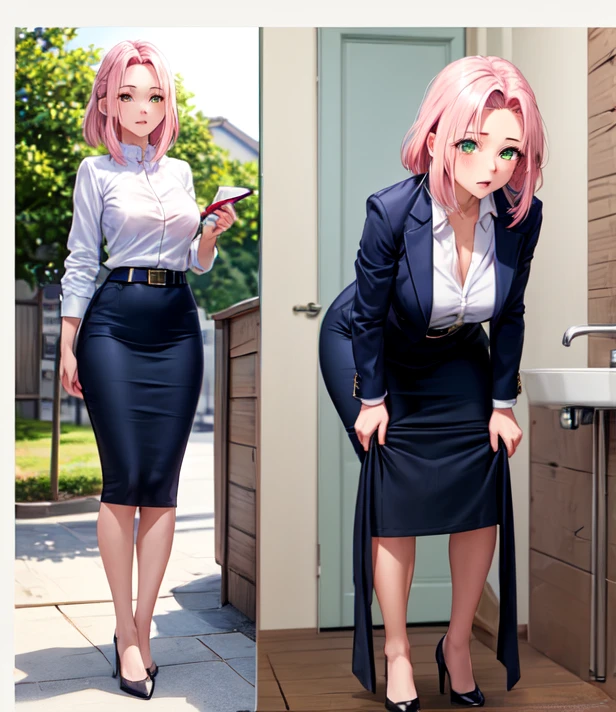 ((best quality)), ((masterpiece)), ((detailed)), ((1 girl)), ((Peeing))
Sakura haruno, solo, pink hair, 31 years old, green eyes, small breasts, navy blue pencil skirt, black heels, white shirt, navy blue blazer, brown belt, sakura really needs to pee and she can't hold her bladder for very long and then she starts to pee while standing.