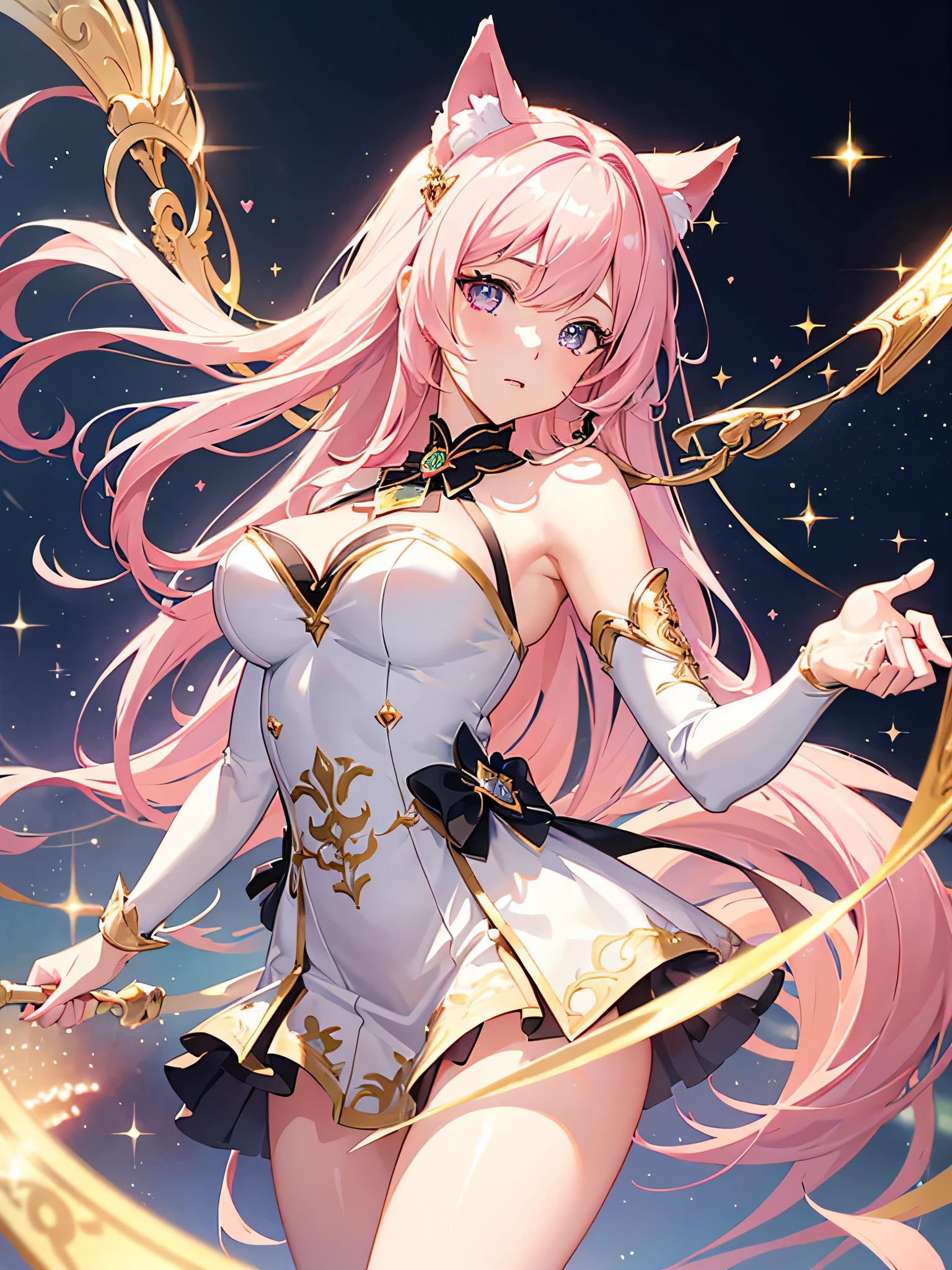 masutepiece, High resolution, 8K, anime woman, Delicate and detailed writing 、Detailed digital illustration、cat ears、Very long hair and shiny、Bangs、a very beautiful woman、Eyes are double, Large, Bust is C cup、High image quality, High quality、Detailed background、(((Wearing idol clothes)))、((Glittering live stage backdrop))、The inside of the eye shines like a diamond、Light pink hair、Gradient pupil、(((2 arms、4 fingers, 1 thumb)))、Detailed female face、Very beautiful and cute woman,masterpiece、Soft Focus , Bright gradient watercolor , Lens Flare , (((Glitter))) , Glow , Dreamy , Holding a microphone in hand、a miniskirt、Nothing at hand、Idol、Pink ribbon、Very beautiful golden hair accessories、