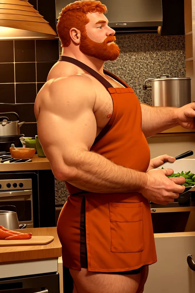 A strong chubby guy, cooking, ginger hair, chin beard, apron on, sweet expression, shirtless, alone, ((side view)),