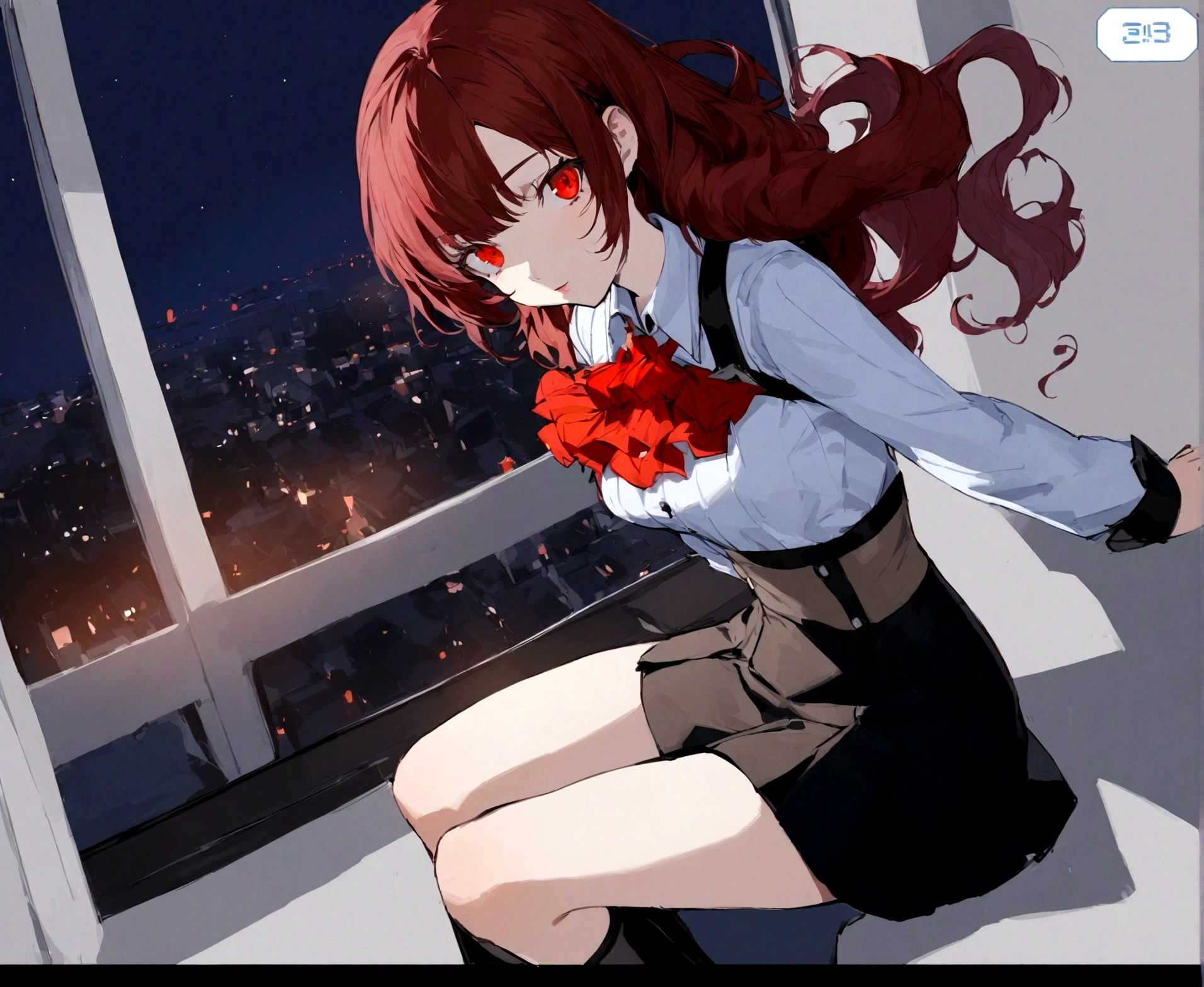 ((masterpiece, best quality)) Persona3ReloadMitsuru, 1girl, solo, long hair, red hair, wavy hair, side bangs, red eyes, on the coffee , minidress, japonese city in the background night, sitting cross-legged, 18 years old,