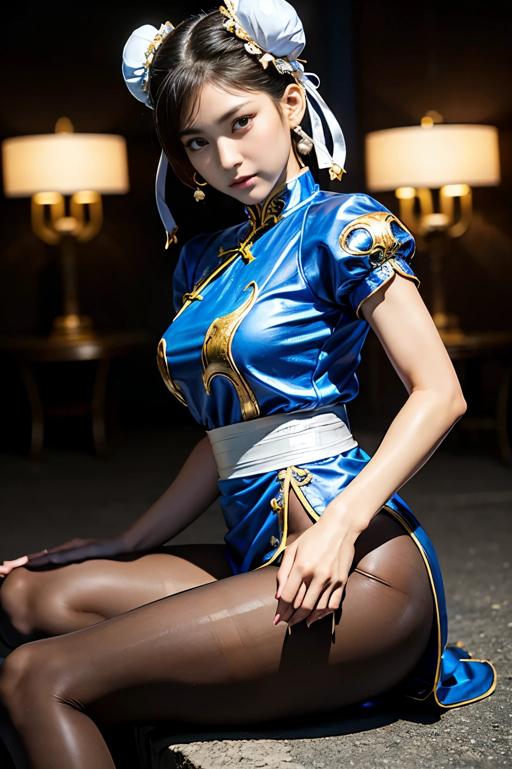 《Street Fight II》Chun-Li,Perfect Chun-Li Costume,Blue and gold thread cheongsam,Bun head,Good cover,Fighting Stance,ハイKick,Kick、Lift your legs,masterpiece、1 beautiful girl、beautiful eyes、Puffy eyes、best quality, 超high resolution, (Reality: 1.4), light、Super beautiful、Beautiful skin、turn body forward、(超Reality的な)、(high resolution)、(8K)、(Very detailed)、(美しくbeautiful eyes)、(Super detailed)、 (wall-)、Delicate face、明亮的light、Professional lighting、Looking at the audience、Direct vision、Tilted stone sculpture, best quality, masterpiece, best quality, Perfect face, Perfect brown eyes and white sclera, Bad Move - 5, Solitary, 1 girl, Upper Body, brown hair, From SF2, Chinese service, Smile, muscular woman, Blue clothes, Pantyhose, Pelvic Curtain, Full short sleeves, Good cover, sash, Evaluate:
