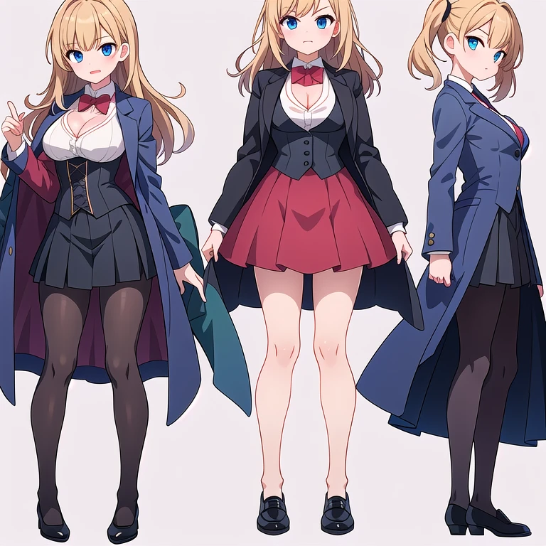 (stand posture), cute eyes, 3 girls, blazer jacket, cleavage, skirt, solo, ((white background)), (full body), multiple views, corset,