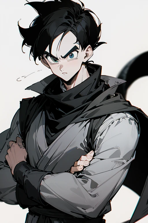 dbsuper style an adult man, with short hair, wearing an adventurer's outfit color grey, strong, black scarf around his neck, dragon ball style