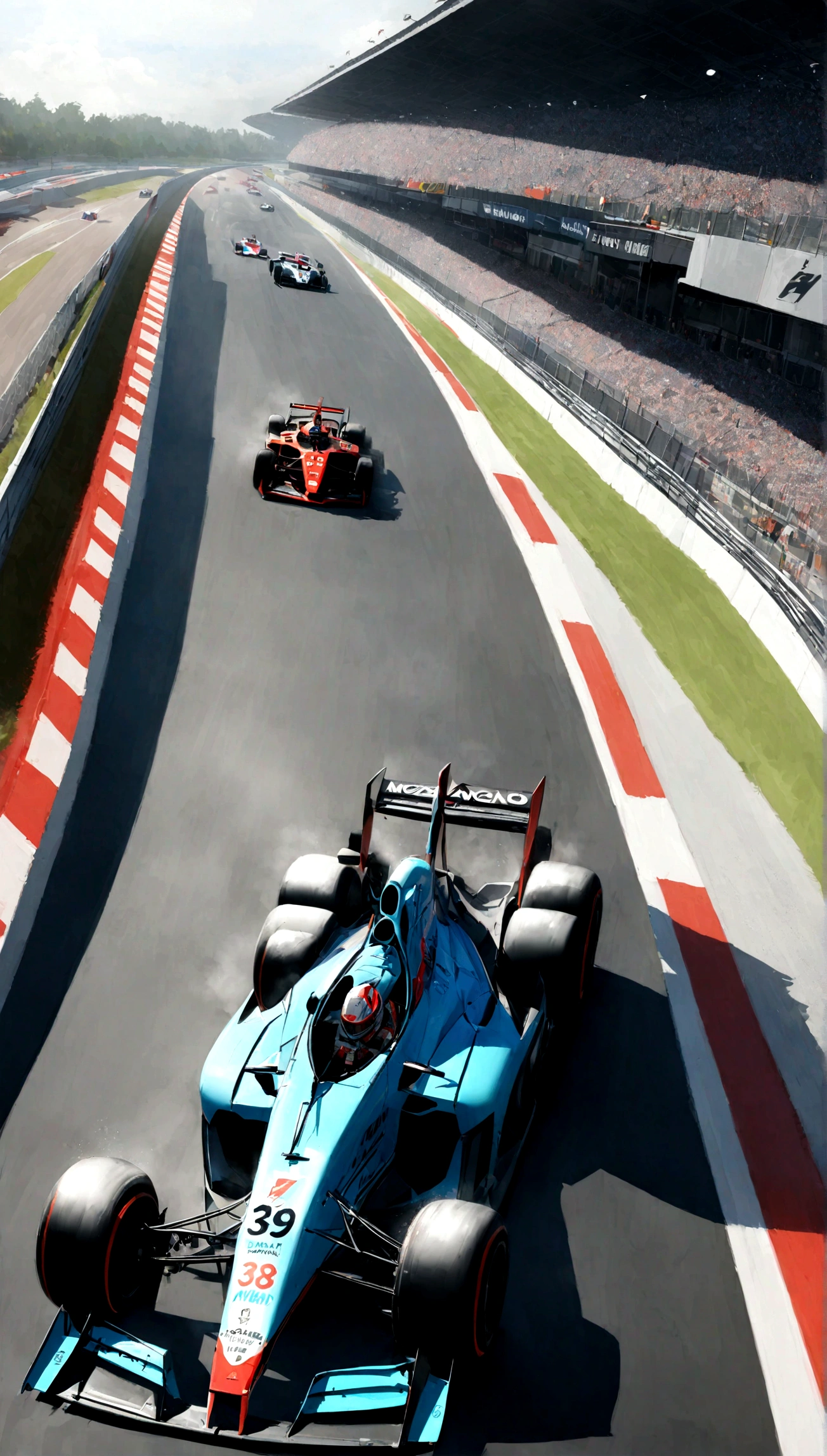 (Fast-paced F1 race,High-speed racing,Exciting race,Crowded F1 track),Bright colors,Clear focus,Extremely detailed cars,Exciting times,Ultra-detailed track(Lightning-speed turns and straights,Complex track layout),Spectacular crashes and near misses,Wheel-to-wheel battle,Adrenaline-fuelled competition,fast and Furious,Professional driver,Bent tire(masterpiece:1.2),Carbon fiber chassis,driver wearing helmet,F1 Champion Portrait,Motion Blur,Unpredictable weather conditions,Traveling in the rain and fog,Engine noise and the roar of the crowd,The stands were packed with cheering fans,Celebration on the podium,Spray champagne,Super detailed pit stop,High-tech telemetry data,Realistic rendering(Studio Lighting,Physically Based Rendering),Game overview(Trackside view,Overhead shot,Driver perspective),Racing at iconic locations (Monaco,Monza,Silverstone Circuit),The car speeds past the camera,High-resolution photos of the event,Fast-paced editing and dynamic composition,Fantastic concept art of a futuristic F1 car,Close-up of the driver's eyes,Adrenaline rushing through your veins,Long straights and sharp bends,High-octane fuel flows through the veins of your car,Easy speed,Mechanical precision,Thrilling overtaking,Exquisite aerodynamic design,Mechanic working in repair station,The victorious champion crosses the finish line.