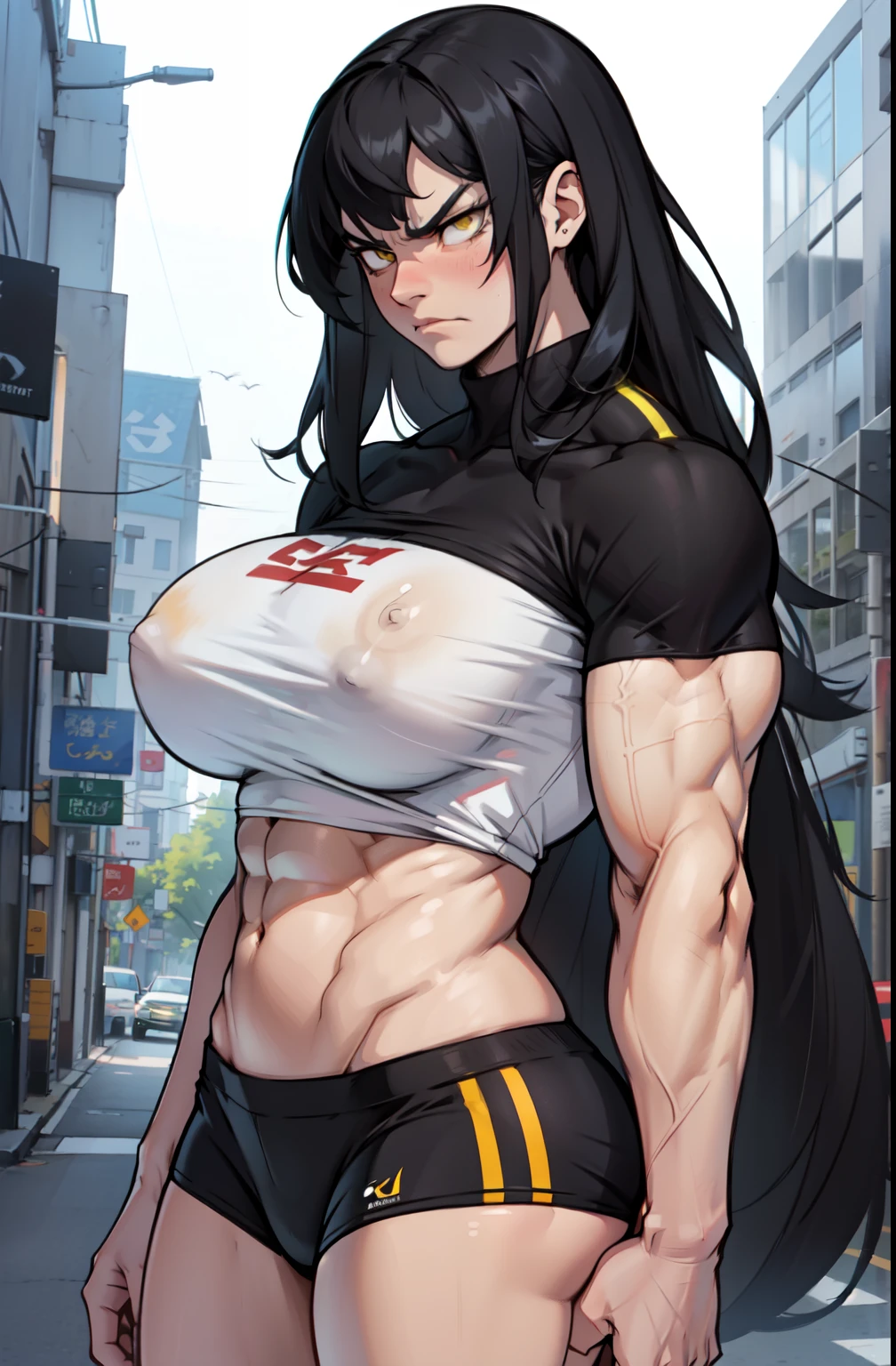 ((1 girl)), extremely long hair, solo, ((muscular)), veins, black hair, yellow eyes, blushing, pale skin, strong, veins, abs, (huge breasts), navel, standing, frowning, tight shirt disdain disapponted annoyed disgusted big ass