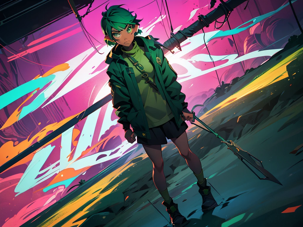 A fierce and independent ranger with short green hair and piercing green eyes, who lives a life of adventure in the wild"