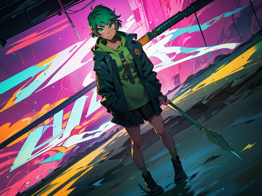 A fierce and independent ranger with short green hair and piercing green eyes, who lives a life of adventure in the wild"
