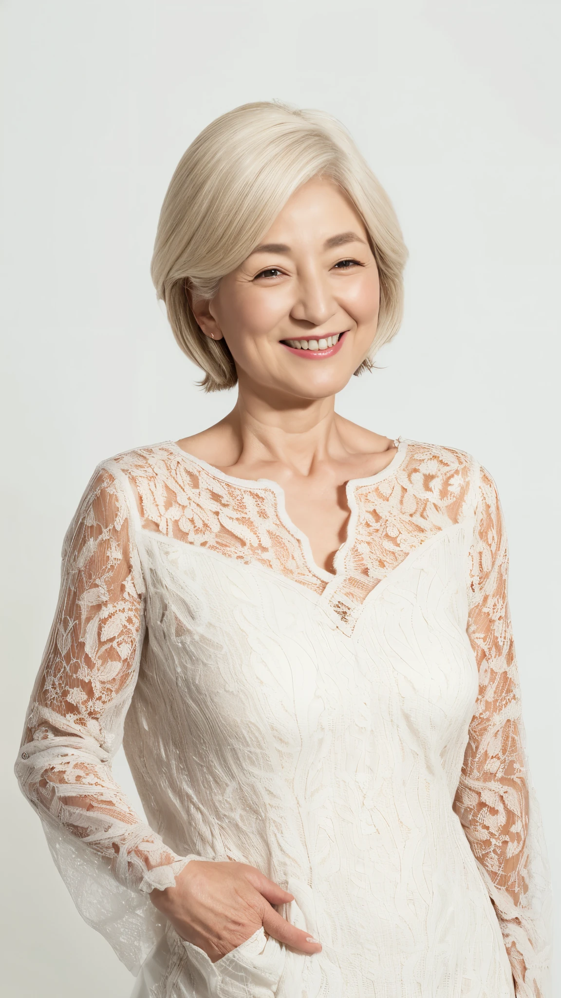 ((Grandmother)), (((Short Bob))), Late Elderly, Aged face, Perfect composition, ((Fractal Art)), (((masterpiece))), 8k, Clear images, (((alone))), (((Asian Beauty))), Pure white background, Natural Hair Color, Hands behind back, Refreshing early summer outfit, Alluring, ((Elderly)), Depict lips accurately,Red lips, Flashy makeup, (((alone))), (((Perfect Anatomy))), Depicting ears correctly, Pure white background, gravure, Upright posture, smile, ((Beautiful mature woman)), highest quality, Very detailed, Realistic, Very detailed細なスキン, (Madame), (The corners of the mouth are turned up), 120 years old, Huge breasts, Mature Politician, Glamour, sexy, Pure white skin, Natural hairstyle, Comfortable clothing,