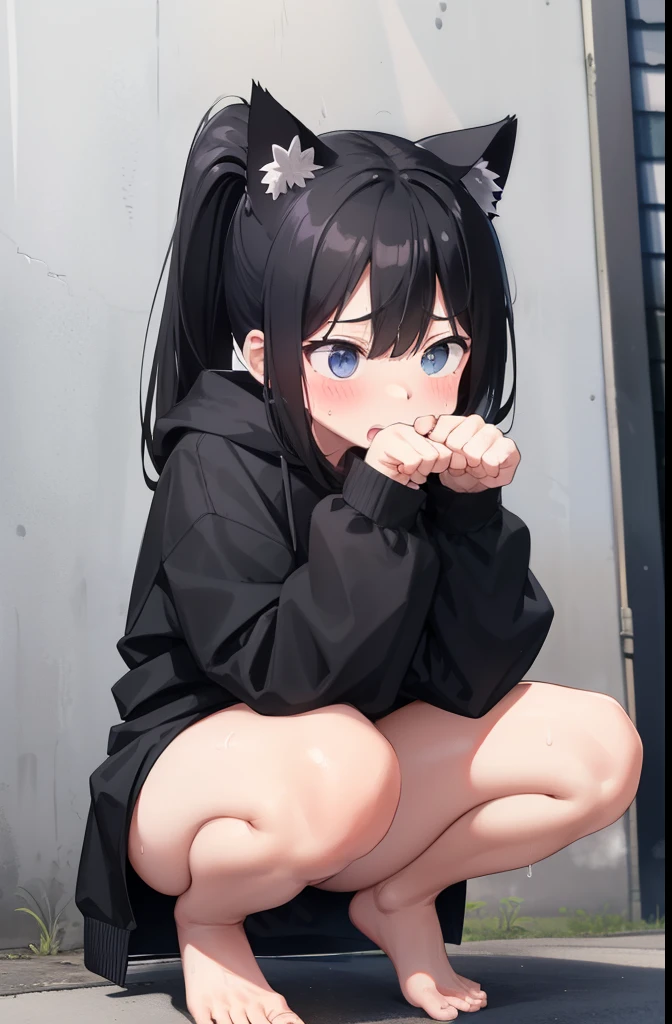 Residential Street,Squat,1 ,ponytail,Black Hair,blush,black long raincoat,barefoot,White skin,summer,Put on the hood,From below,Cat Paw Pose,strengthen,surprised,shy,Sweat,Open your mouth,