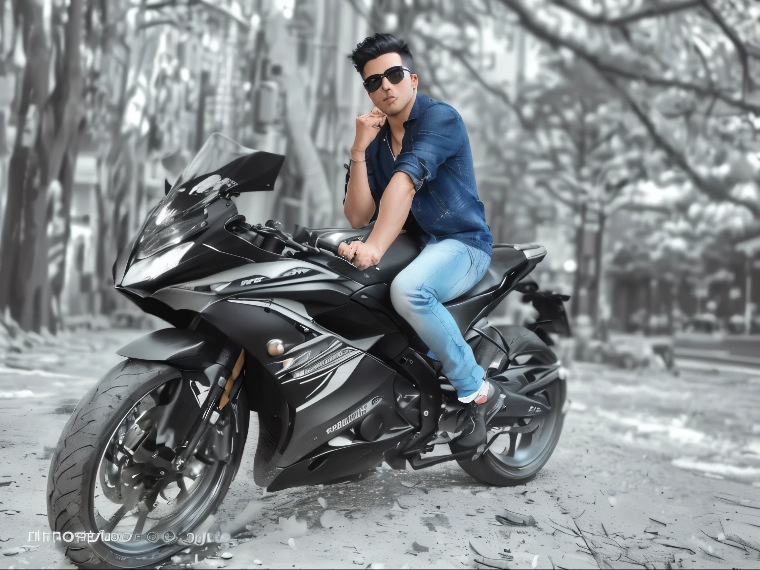 arafed man sitting on a motorcycle in a black and white photo, casual photography, cinematic shoot, cool pose, stylish pose, attractive pose, shooting pose, modeling shoot, with a cool pose, without helmet, * colour splash *, photograpgy, photo taken with canon 5d, very cool pose, edited in photoshop, very artistic pose, selective color effect