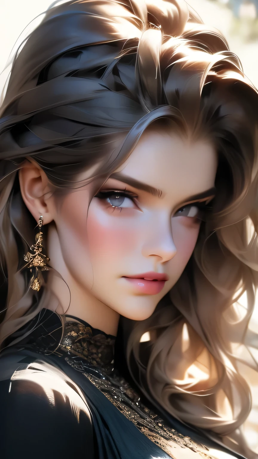 ((A 30-year-old woman wearing a black gothic dress))、Unparalleled beauty、masterpiece, 最high quality, high quality, High resolution, Highly refined muscles、Very detailed、Detailed skin texture、Intricate details、Depth of written border、Bright lighting、(Lighting from below)、Beautiful Face、Realistic Face、Realistic eyes、Beautiful fine grain、Realistic Skin、Beautiful Skin、Ultra-realistic、Very detailed、Golden Ratio、The most beautiful images in the world, Location was great.、(Cinema Lighting)、Detail emphasis, Beautiful lighting、Sharp focus、Mr.々A pose、超Detailed face、Fine grain、Increased hair growth、Brown Hair、Long Hair、Beautiful Hairstyles、Detailed face、Incredibly stupid, It seems ridiculous., (Big Breasts)、((Face close-up))、