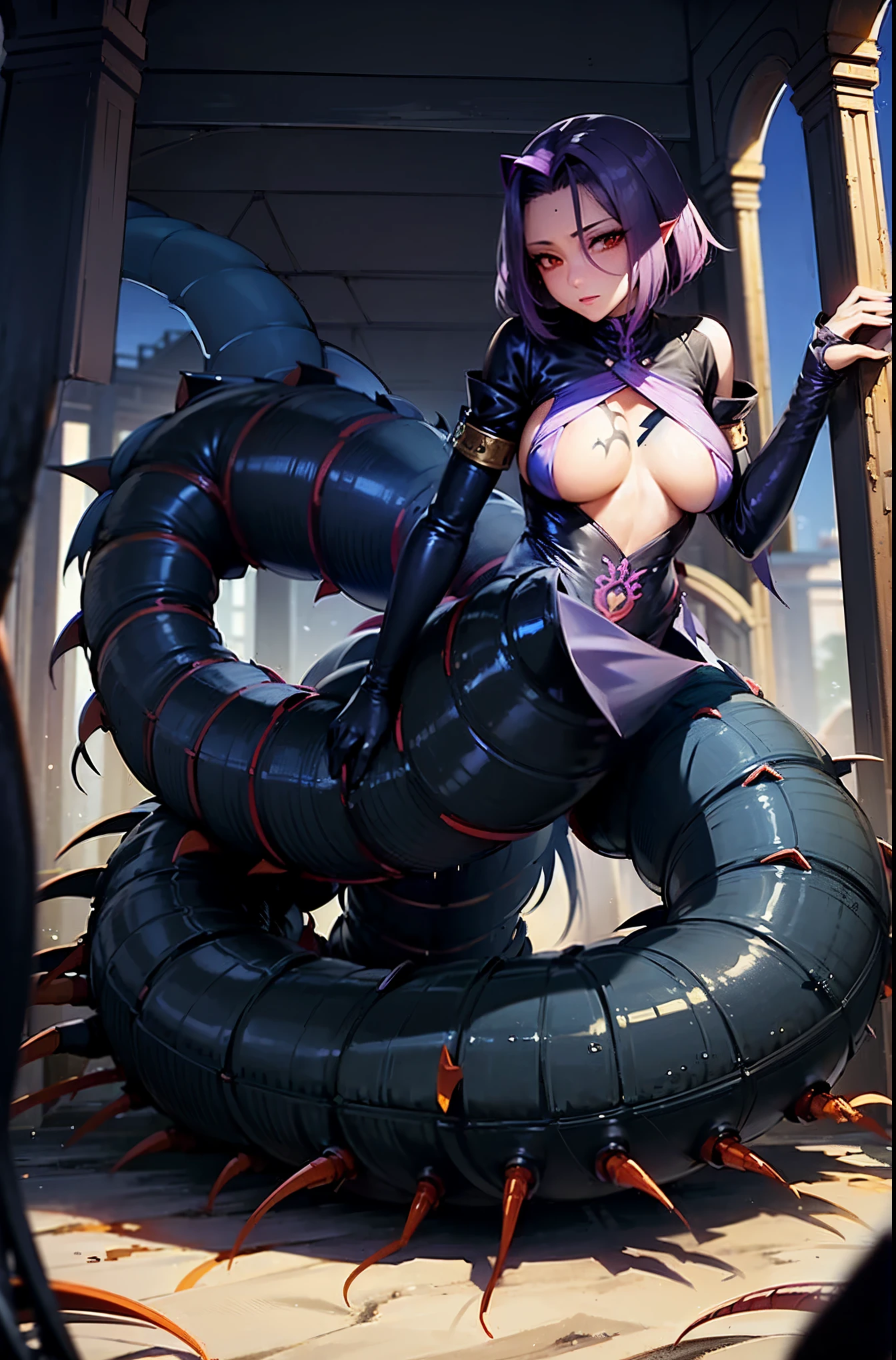 Centipede girl. Lamia Style. Her image color black. Black body and blue leg Centipede. Arabian dancer fashion. close-up girl. ruins.