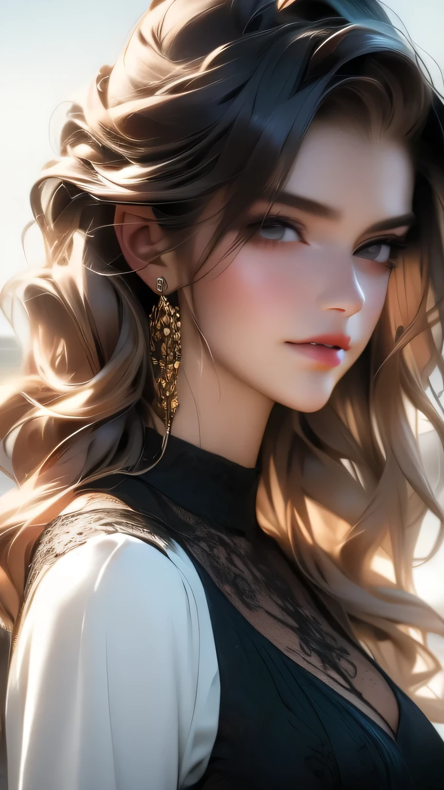((A 30-year-old woman wearing a black gothic dress))､Unparalleled beauty、masterpiece, 最high quality, high quality, High resolution, Highly refined muscles、Very detailed、Detailed skin texture、Intricate details、Depth of written border、Bright lighting、（Lighting from below）、Beautiful Face、Realistic Face、Realistic eyes、Beautiful fine grain、Realistic Skin、Beautiful Skin、Ultra-realistic、Very detailed、Golden Ratio、The most beautiful images in the world, Location was great.、(Cinema Lighting)、Detail emphasis, Beautiful lighting、Sharp focus、Mr.々A pose、超Detailed face、Fine grain、Increased hair growth、Brown Hair、Long Hair、Beautiful Hairstyles、Detailed face、Incredibly stupid, It seems ridiculous., (Big Breasts)、((Face close-up))、