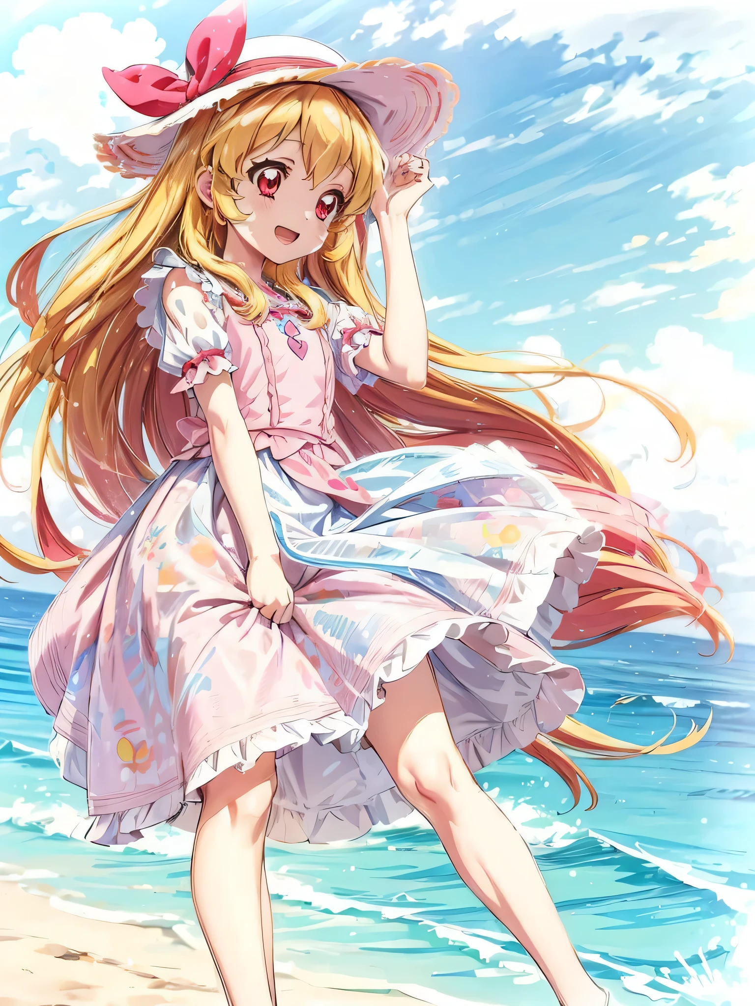 a cartoon woman with big white hat on at the beach by water, 1girl, solo, hat, dress, wind, wind lift,lol_i,Ichigo Hoshimiya (Aikatsu!)