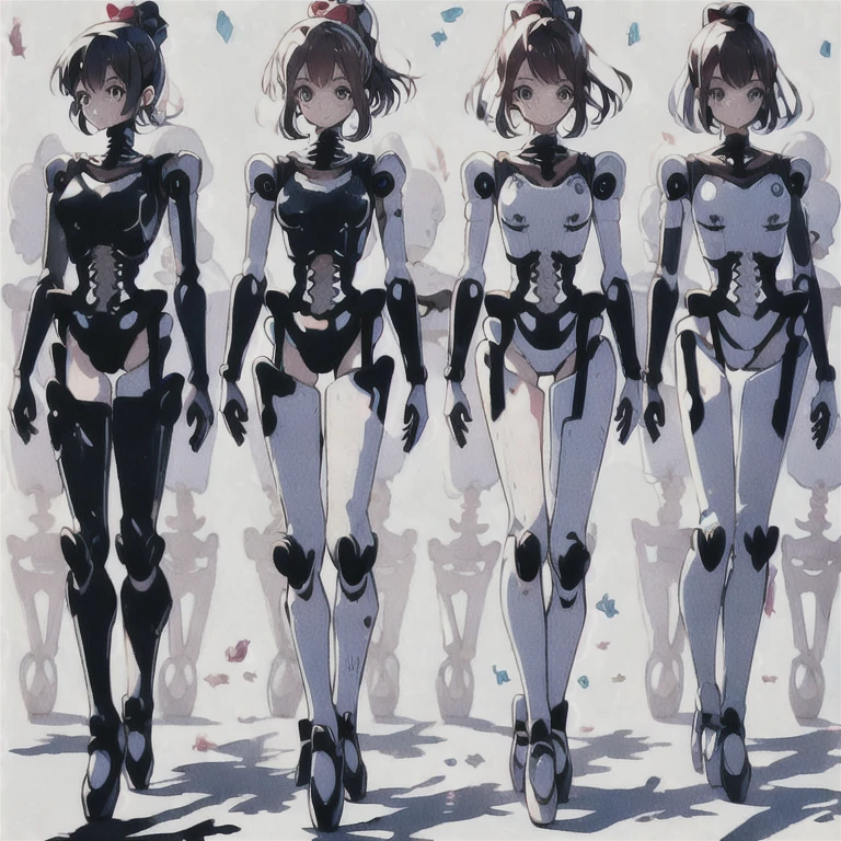 (masterpiece, highest quality:1.2),
Factory line,
(A girl transformed into three robots:1.3),
((Animated Illustration:1.4)),
((Light blue internal skeleton:1.3)),
(Glass-like exoskeleton:1.3),
((Black internal skeleton:1.4)),
whole body,
All of their faces are beautiful human faces.,
(ponytail:1.1),
(short hair:1.2),
(Exposed internal skeleton:1.2),
(Age 20 or older, Under 25 years old:1.2),
All of them have different leg shapes.,
smile,
