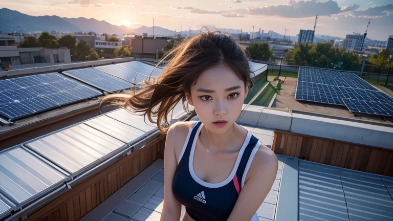 A beautiful detailed portrait of teenage Korean girls, wearing stylish athletic clothing that accentuates their slender figures, standing on a rooftop with solar panels in the background, (best quality,4k,8k,highres,masterpiece:1.2),ultra-detailed,(realistic,photorealistic,photo-realistic:1.37),extremely detailed eyes and face,longeyelashes,beautiful detailed lips,portrait,fashion,sports,roof,solar panels,slender,standing,3girls,highly detailed,vivid colors,dramatic lighting
