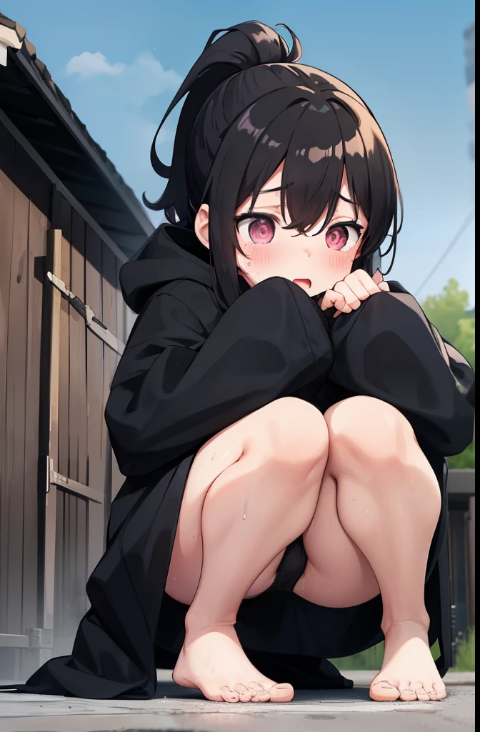 Residential Street,Squat,1 ,ponytail,Black Hair,blush,black long raincoat,barefoot,White skin,summer,Put on the hood,From below,strengthen,surprised,shy,Sweat,Open your mouth,
