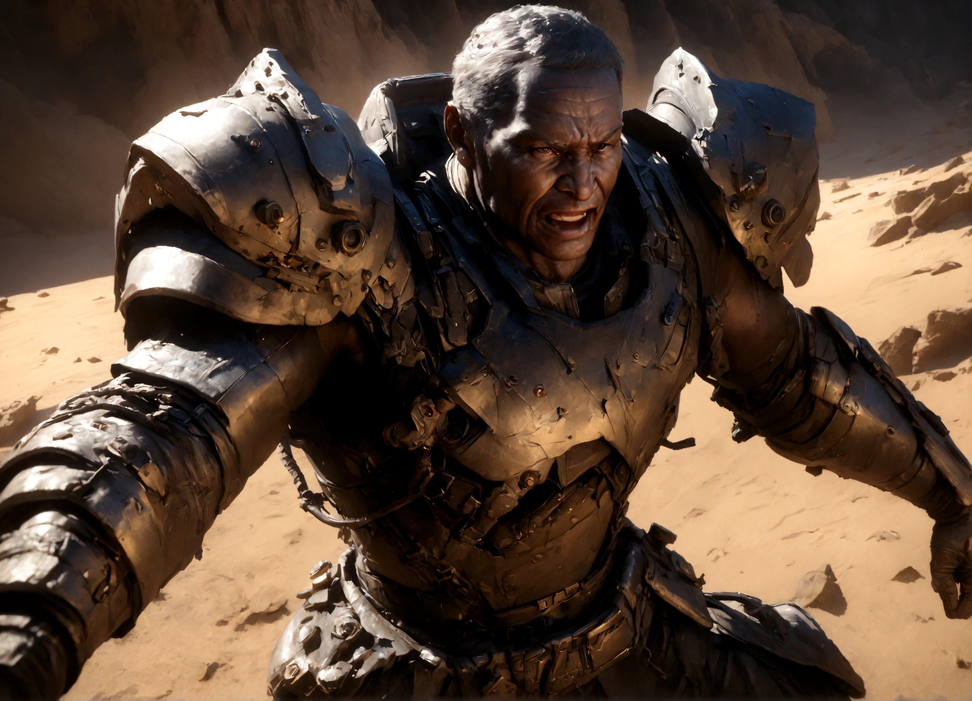 a powerful ogryn male, detailed muscular build, crude cyber augments, military themed outfit revealing skin, shouting singing, reinforced combat guitar, wartorn battlefield, dramatic lighting, cinematic composition, (best quality,4k,8k,highres,masterpiece:1.2),ultra-detailed,(realistic,photorealistic,photo-realistic:1.37),gritty military sci-fi,vibrant colors,dramatic shadows