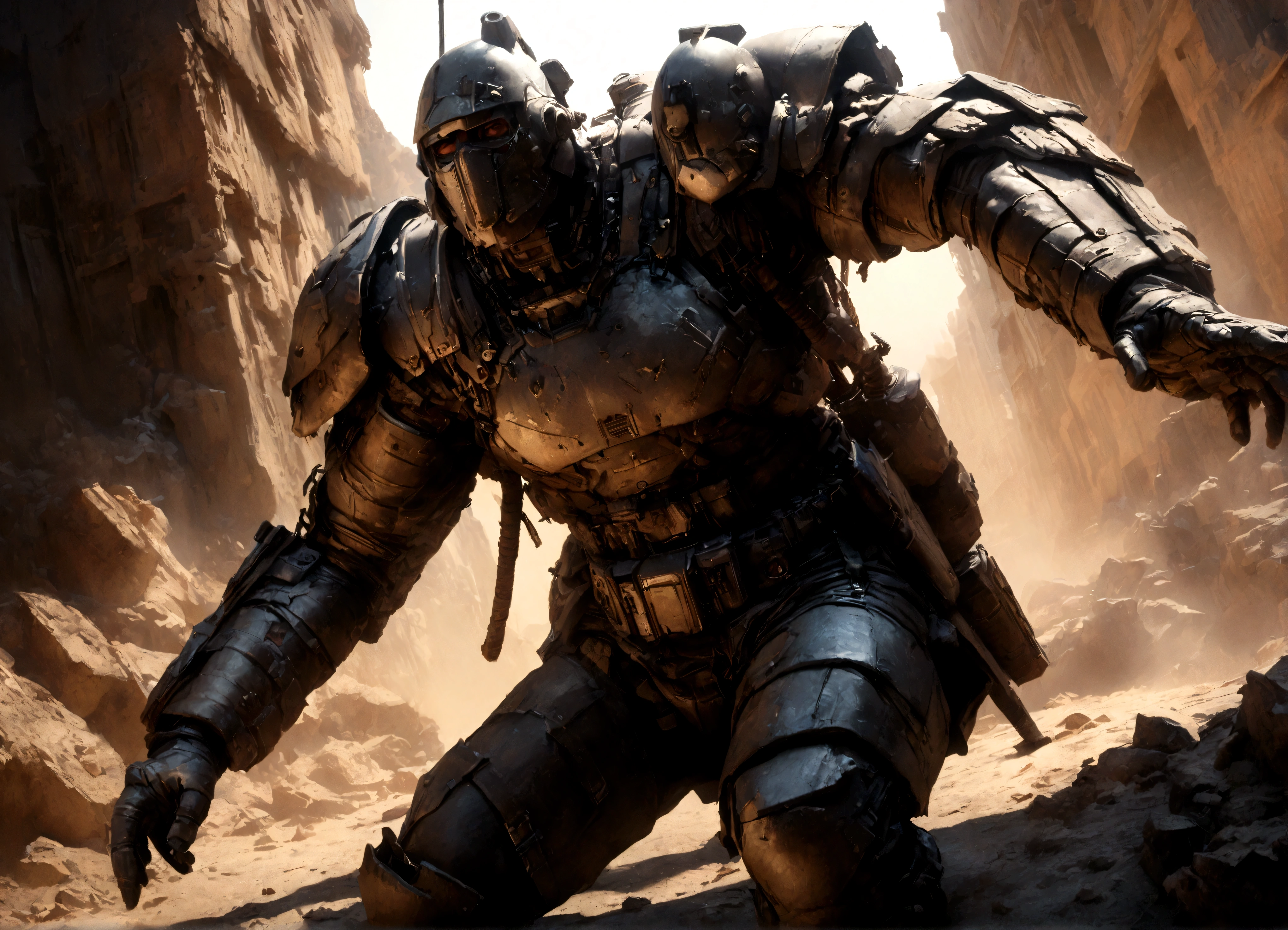 a powerful ogryn male, detailed muscular build, crude cyber augments, military themed outfit revealing skin, shouting singing, reinforced combat guitar, wartorn battlefield, dramatic lighting, cinematic composition, (best quality,4k,8k,highres,masterpiece:1.2),ultra-detailed,(realistic,photorealistic,photo-realistic:1.37),gritty military sci-fi,vibrant colors,dramatic shadows
