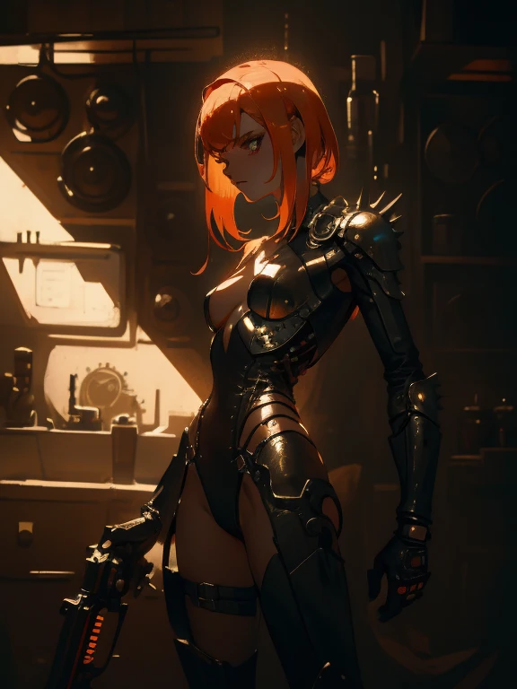 (((mulher))), (((melhor qualidade))), (((obra prima))), (((adulto))), (((1girl))), ((( corte de cabelo bob ))), A highly detailed and realistic skull girl,( Anya. Taylor Joy) cyberpunk character, mad max furiosa, one hand robot, cyborg arm, orange hair, dramatic metal heavy rock theme, best quality, 8k, hyperrealistic, photorealistic, extreme detailed painting, studio lighting, vivid colors, dark moody atmosphere, cinematic, dramatic pose, intricate mechanical details, glowing energy effects, intense gritty textures, seamless integration of organic and inorganic elements. Wearing the used clothes of a wastelander. Background: An apocalyptic wasteland. Dusty and depressing., sexy pose, walking