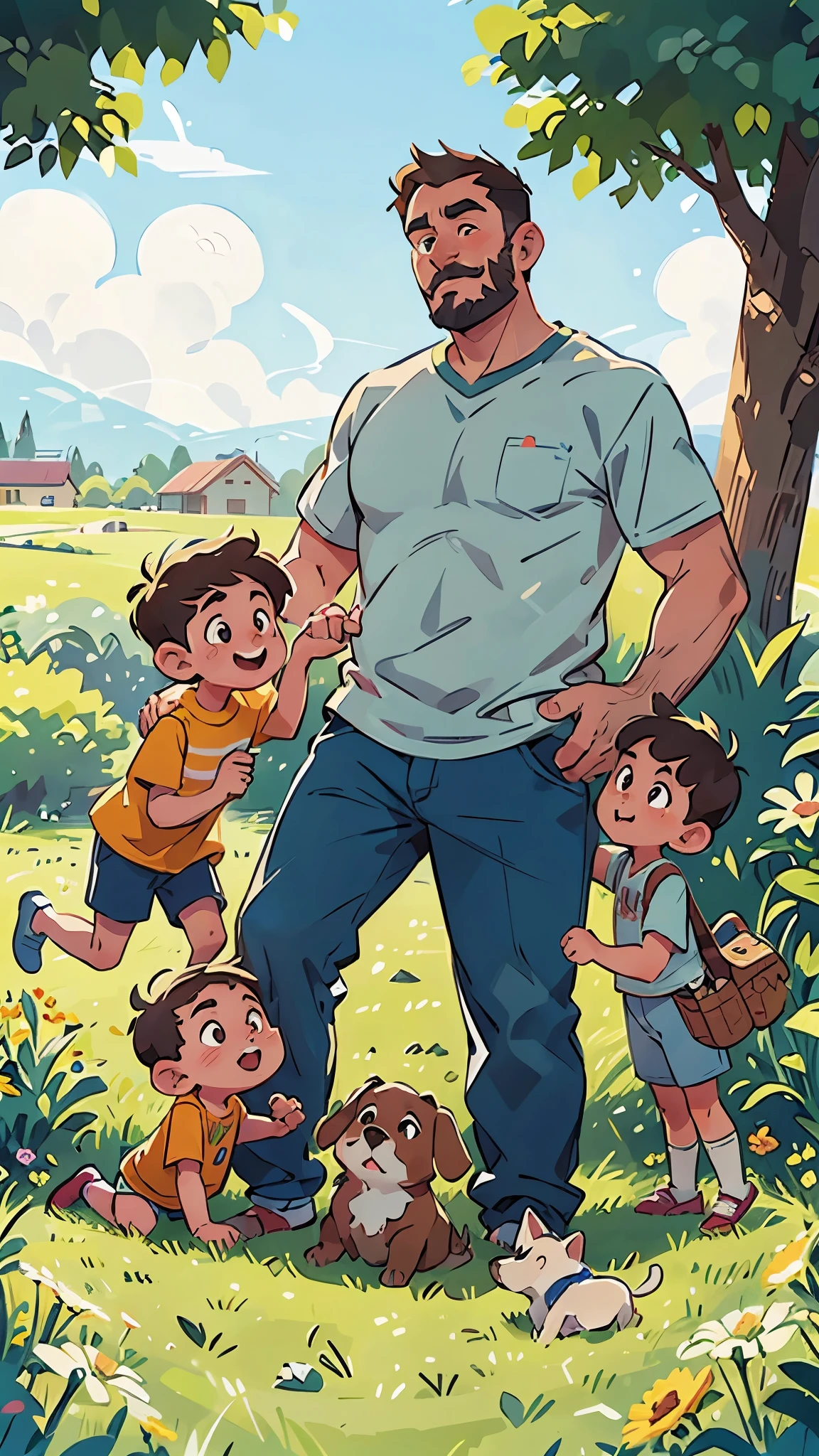 Father's day advertising poster, a father with children playing on the grass, and a puppy around them, happy, hand-drawn illustrations, cartoon realism, simplicity, movie posters, soft colors, character details, farsightedness, flat illustration posters