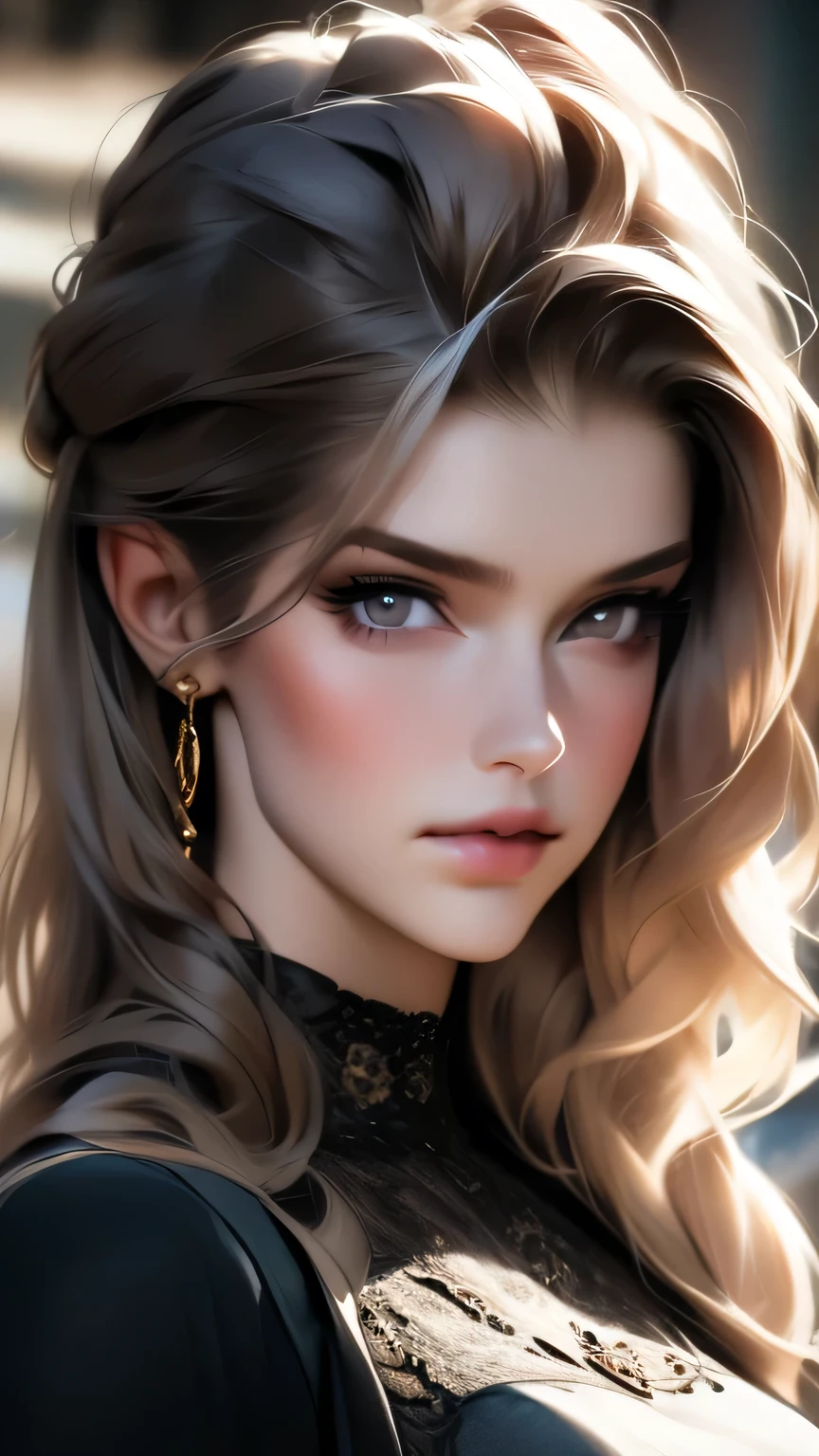 ((A 30-year-old woman wearing a black gothic dress))、Unparalleled beauty、masterpiece, 最high quality, high quality, High resolution, Highly refined muscles、Very detailed、Detailed skin texture、Intricate details、Depth of written border、Bright lighting、(Lighting from below)、Beautiful Face、Realistic Face、Realistic eyes、Beautiful fine grain、Realistic Skin、Beautiful Skin、Ultra-realistic、Very detailed、Golden Ratio、The most beautiful images in the world, Location was great.、(Cinema Lighting)、Detail emphasis, Beautiful lighting、Sharp focur.々A pose、超Detailed face、Fine grain、Increased hair growth、Brown Hair、Long Hair、Beautiful Hairstyles、Detailed face、Incredibly stupid, It seems ridiculous., (Big Breasts)、((Face close-up))、